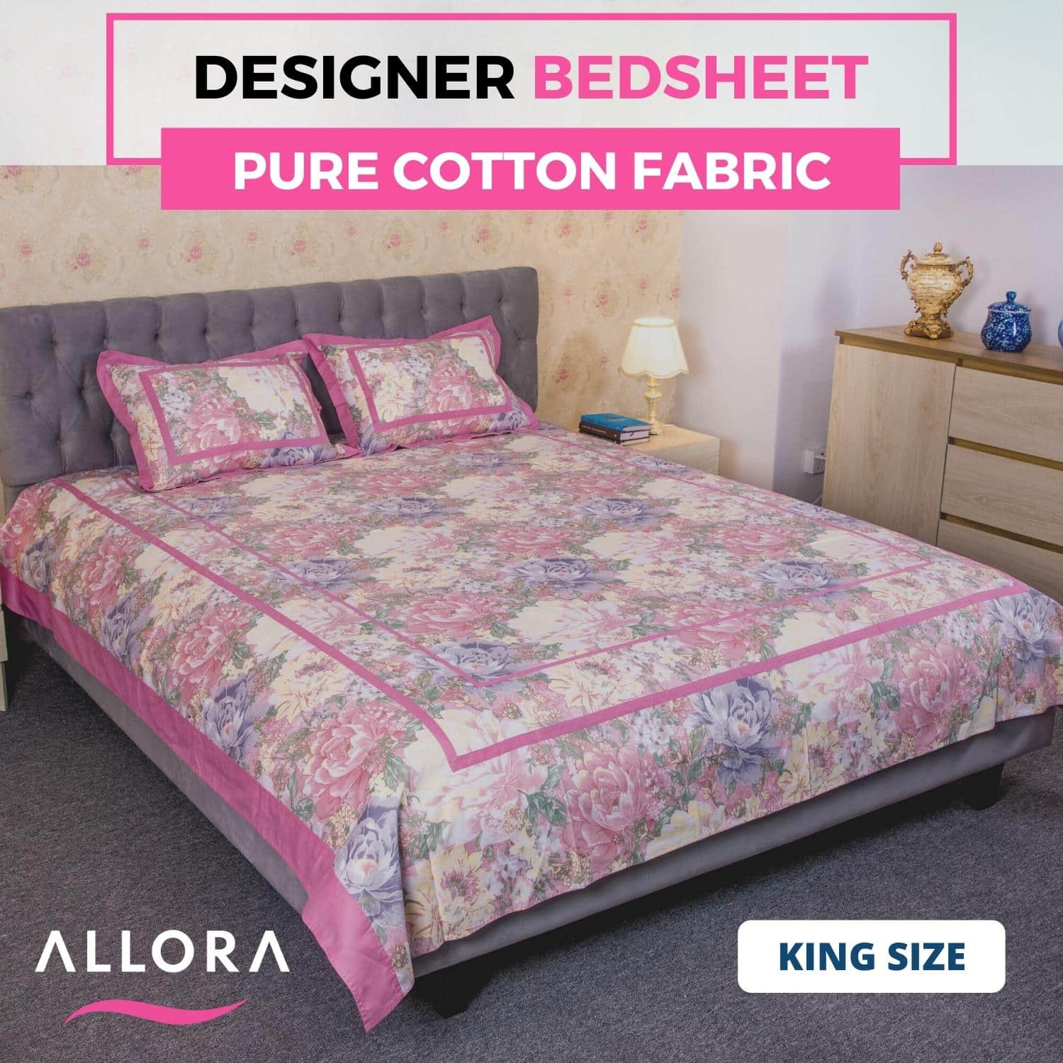 Rose Print Designer Pink Panel Bed Sheet