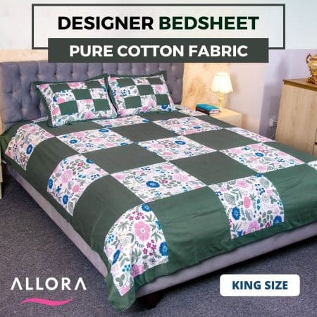 Pink Flower Designer Green Bed Sheet
