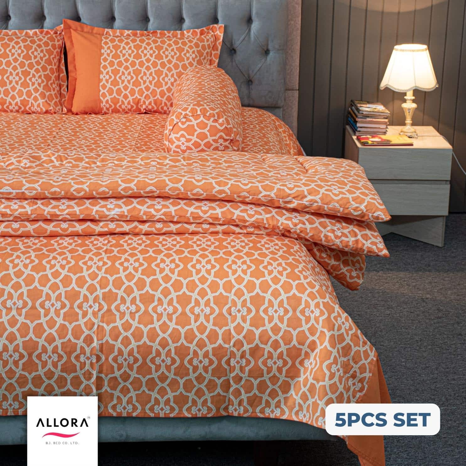 Orange Colour Printed Comforter Bedding Set (5Pcs)