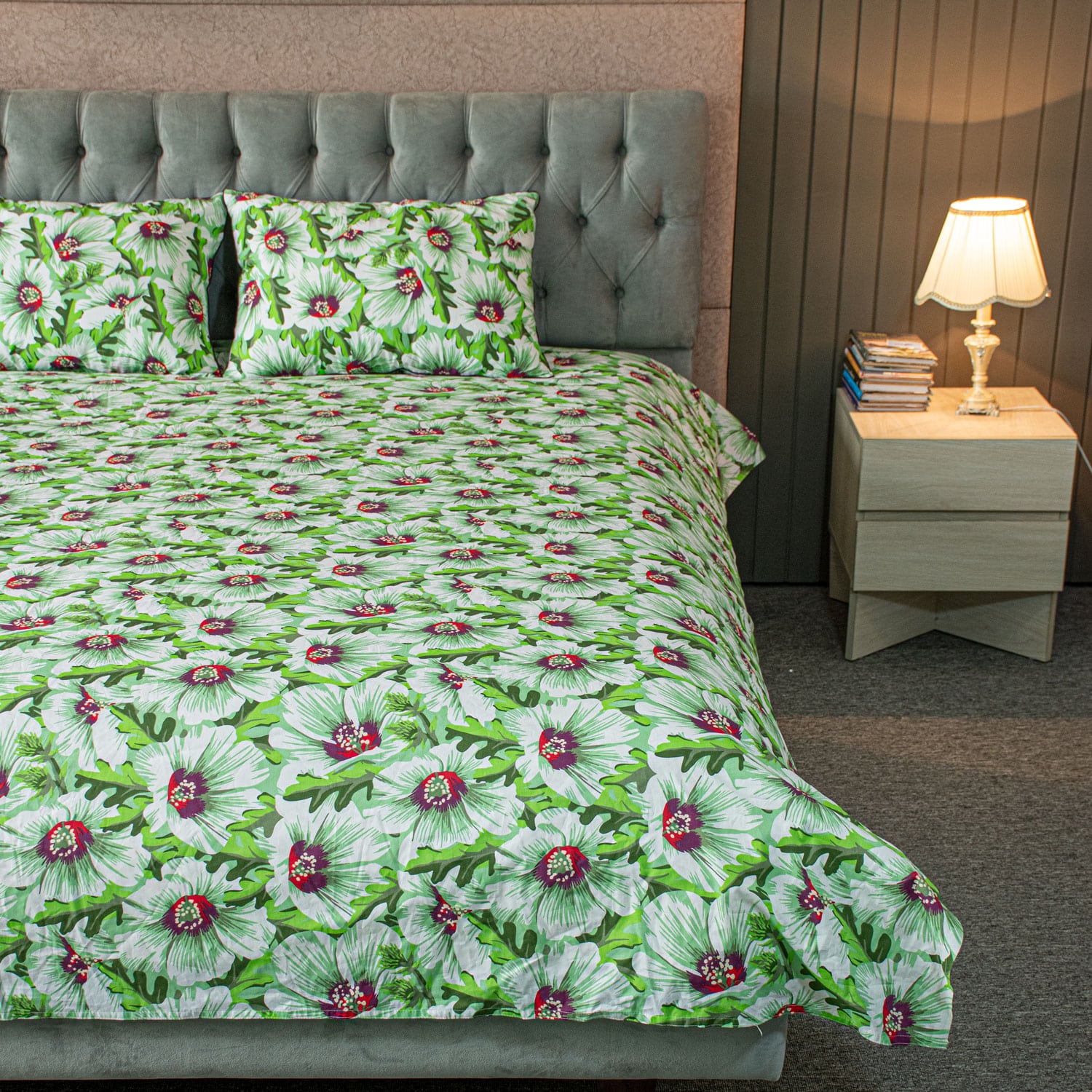China Rose Print Bed Sheet – Green