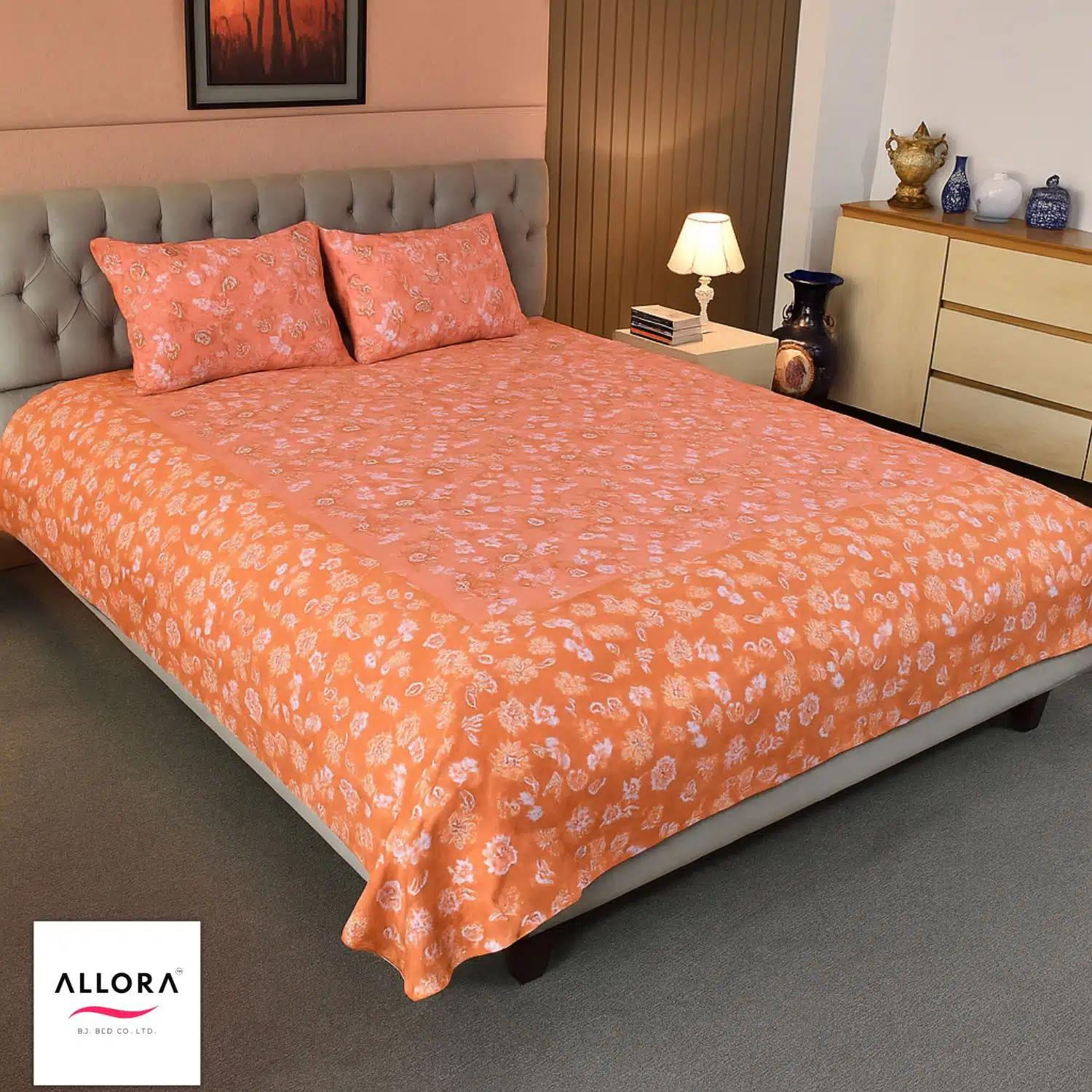 Coral Glow – Screen Print & Embroidery Fusion Bed Sheet