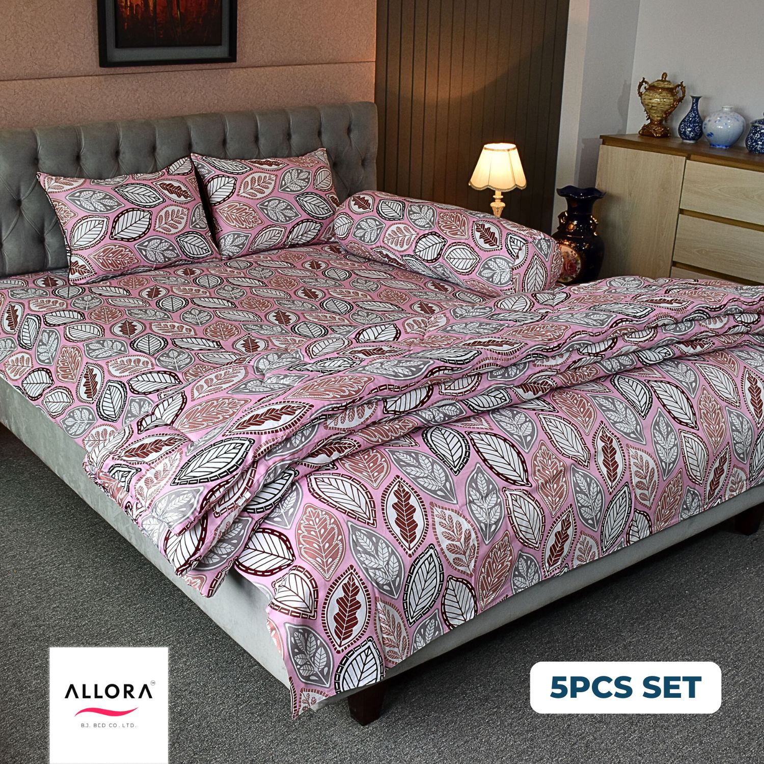 Fallen Leaves Comforter Bedding Set – Pink (5Pcs)
