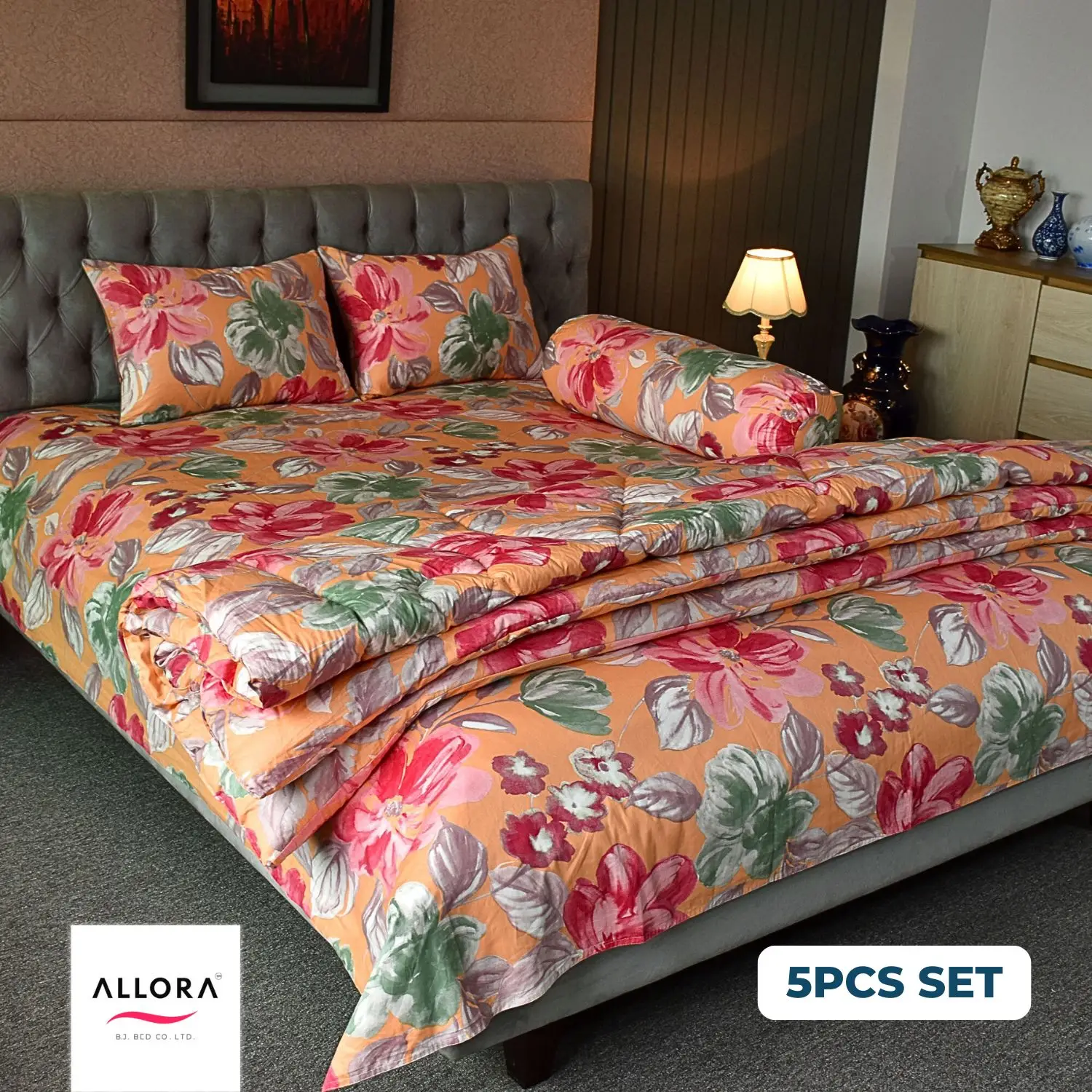 Watercolour Flora Comforter Bedding Set – Orange (5Pcs) - Image 4