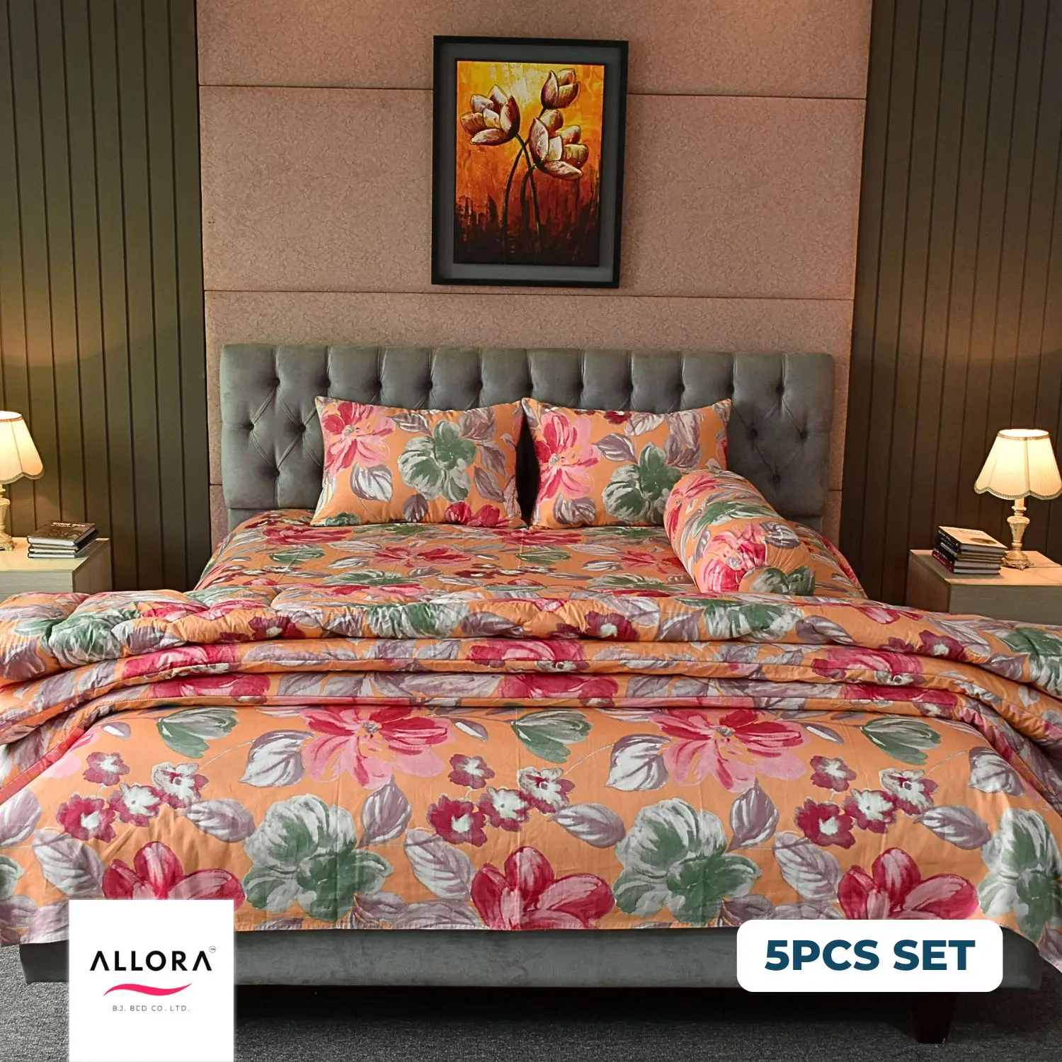 Watercolour Flora Comforter Bedding Set – Orange (5Pcs)