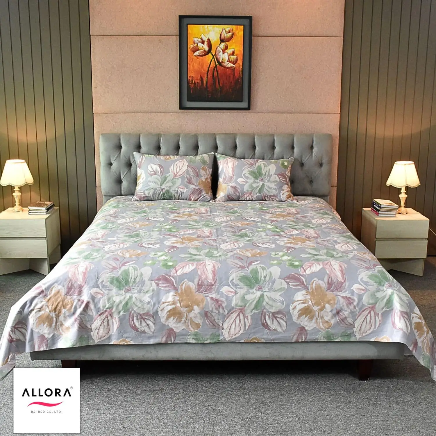 Watercolour Flora Printed Bed sheet - Grey Purple - Image 2