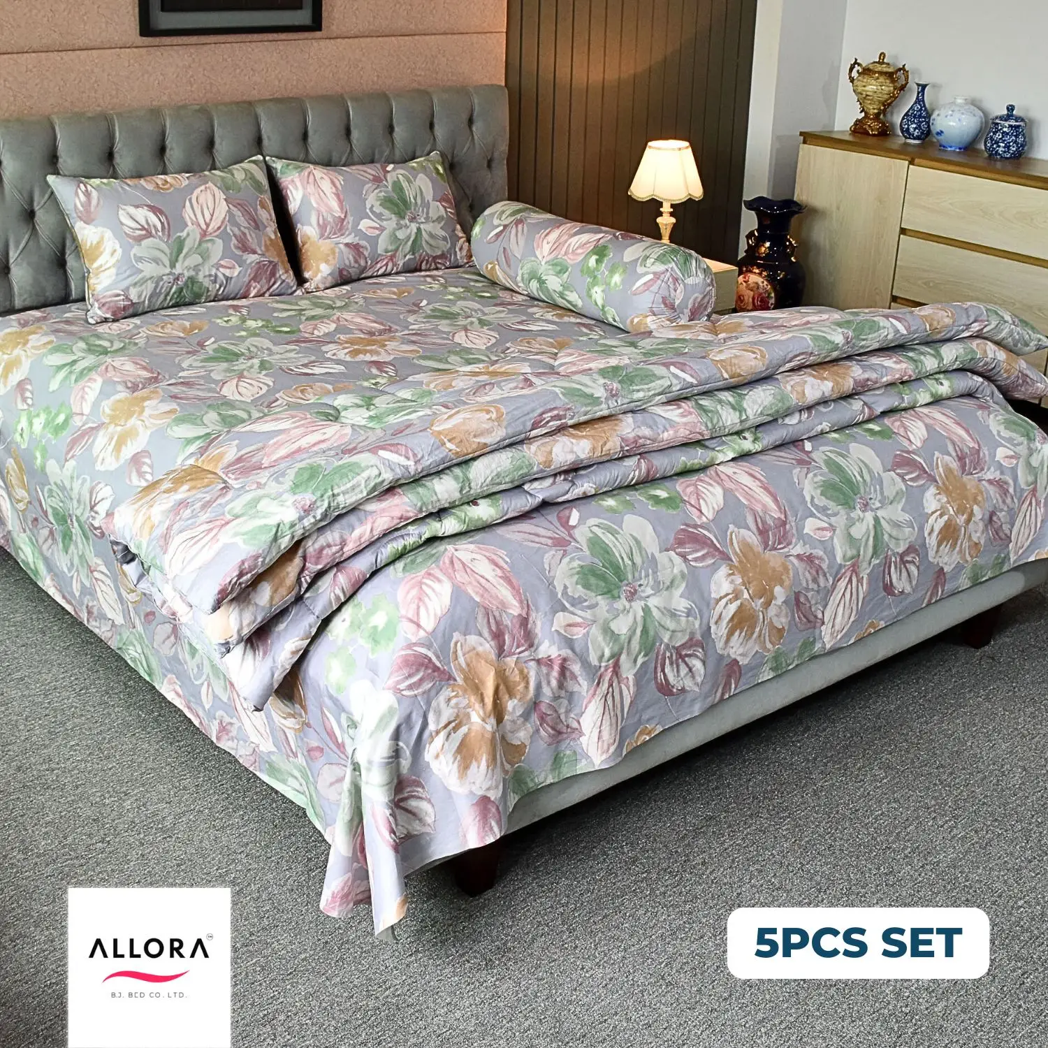 Watercolour Flora Comforter Bedding Set – Grey Purple (5Pcs) - Image 4