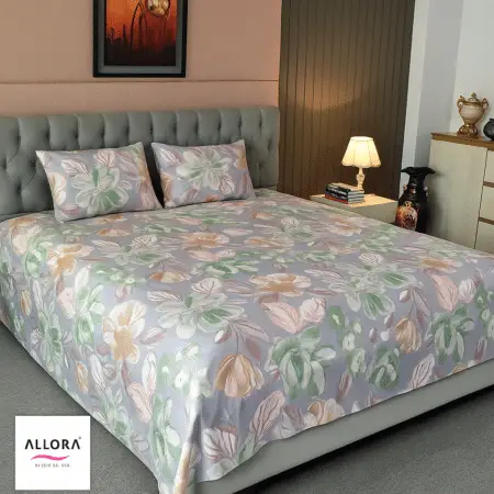 Watercolour Flora Printed Bed sheet - Grey Purple