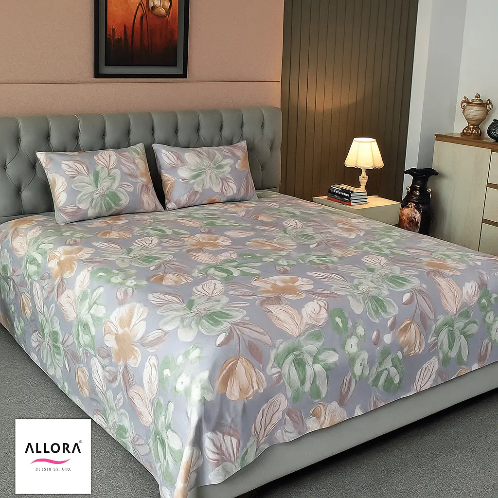 Watercolour Flora Printed Bed sheet – Grey Purple