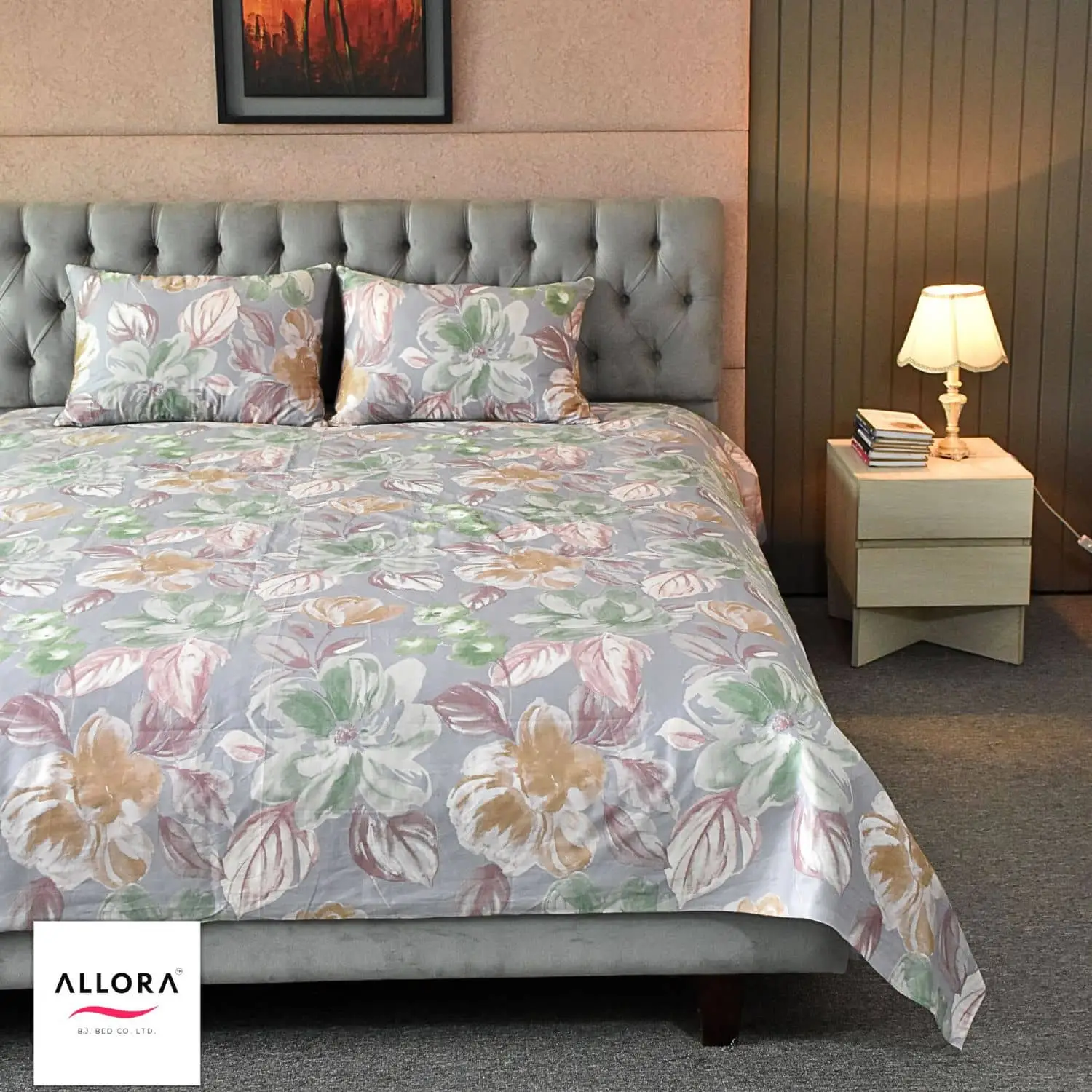 Watercolour Flora Printed Bed sheet - Grey Purple - Image 3