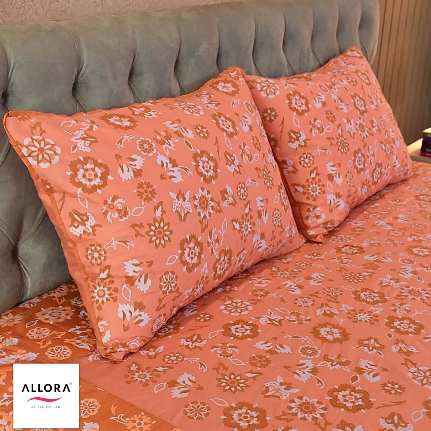 Coral Glow – Screen Print & Embroidery Fusion Bed Sheet - Image 2
