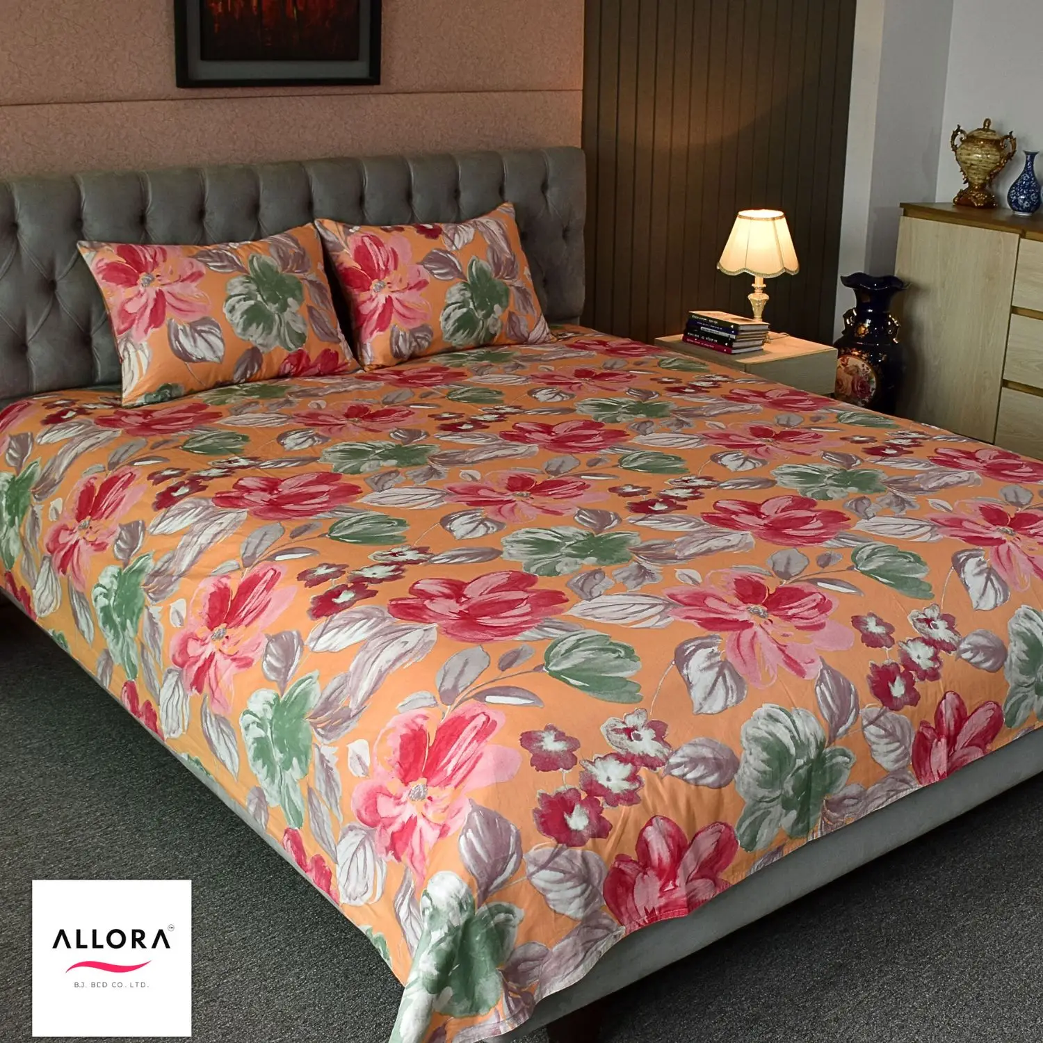 Watercolour Flora Printed Bed sheet – Orange