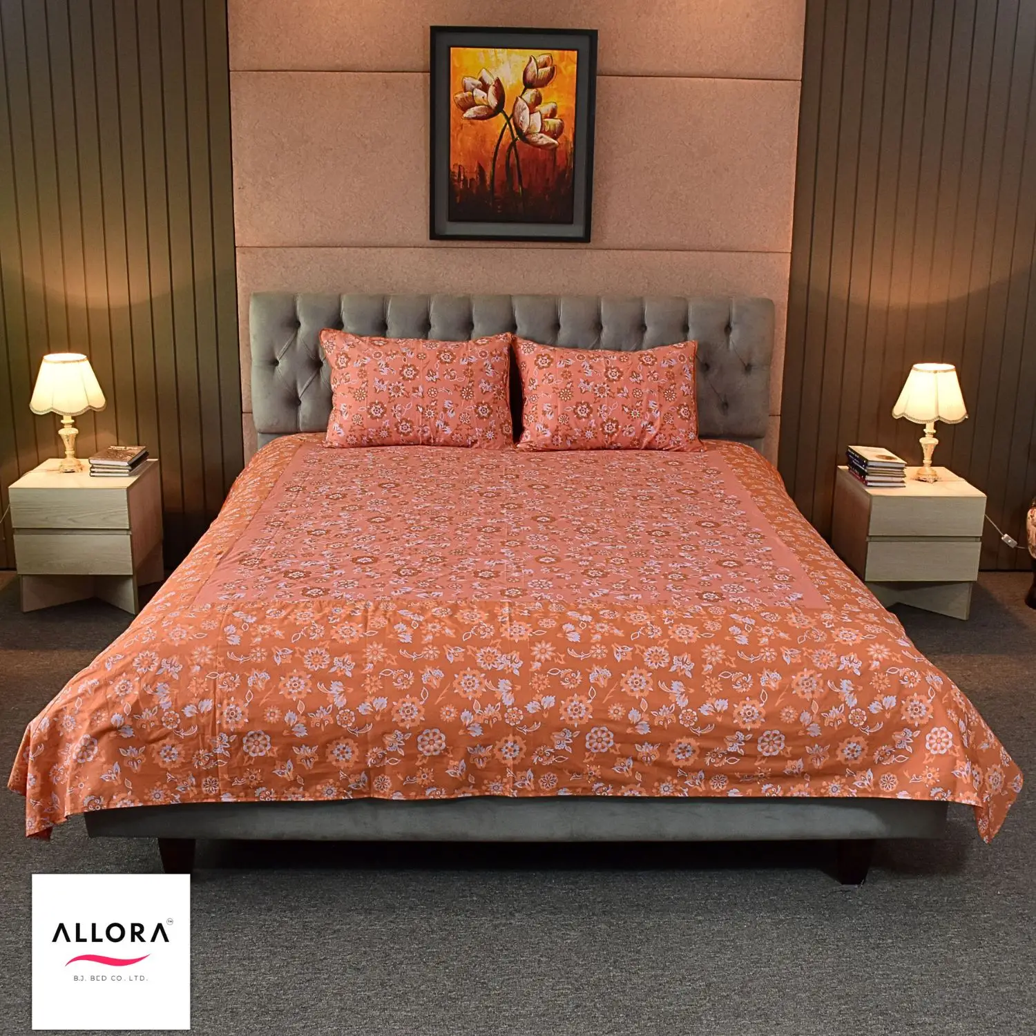 Coral Glow – Screen Print & Embroidery Fusion Bed Sheet - Image 3