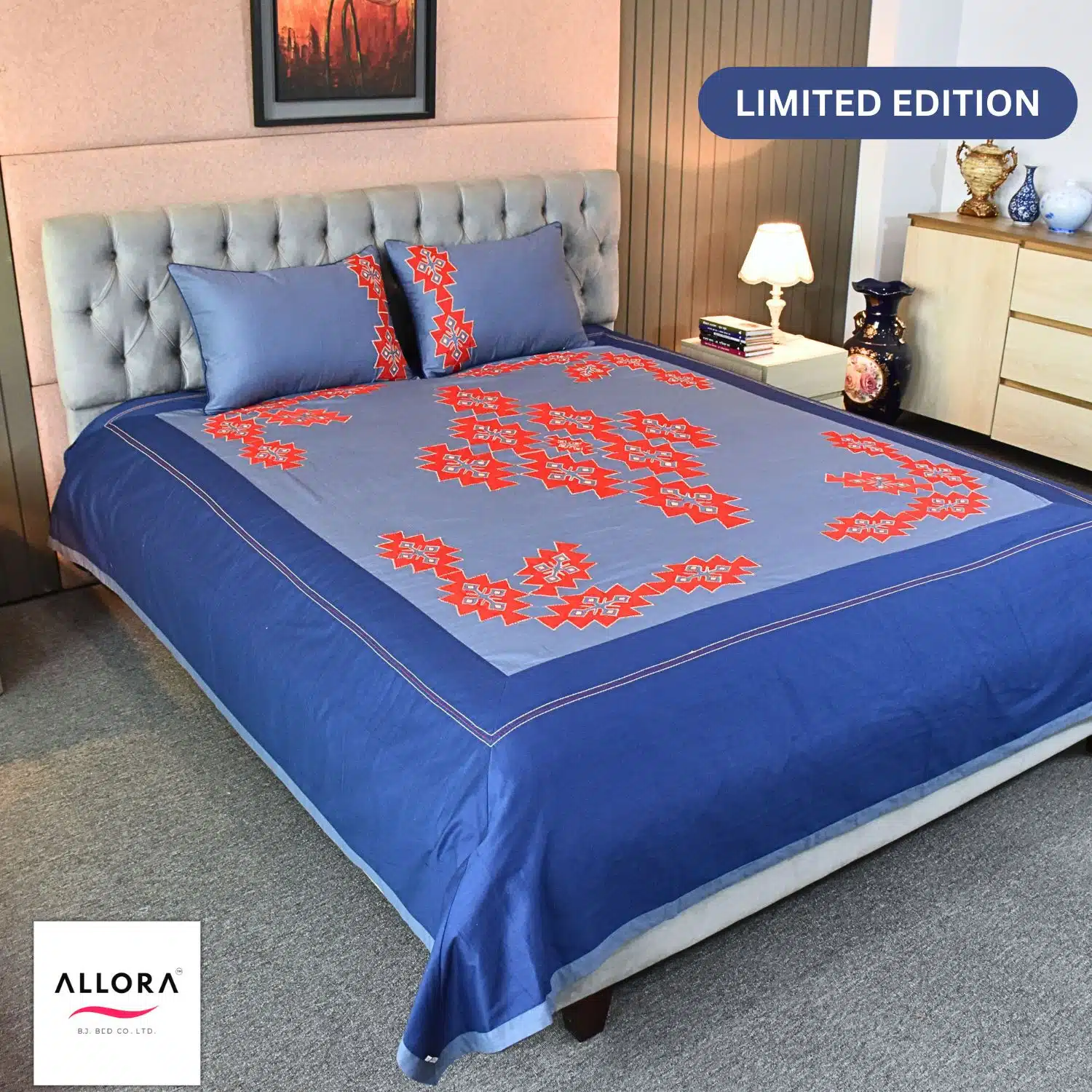 Navy Blaze Embroidery Bed Sheet