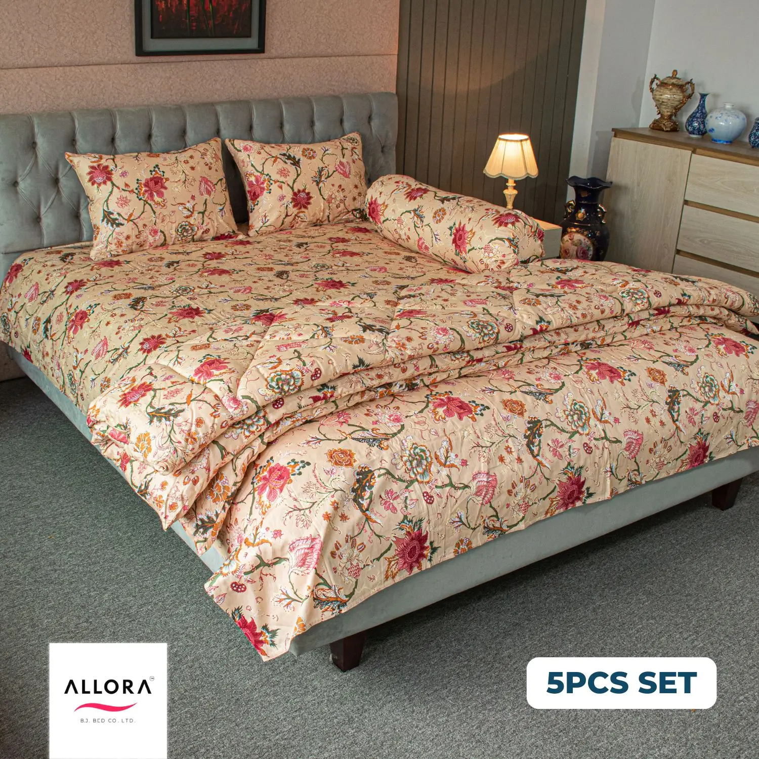 Floral Whisper Comforter Bedding Set – Beige (5Pcs Set)