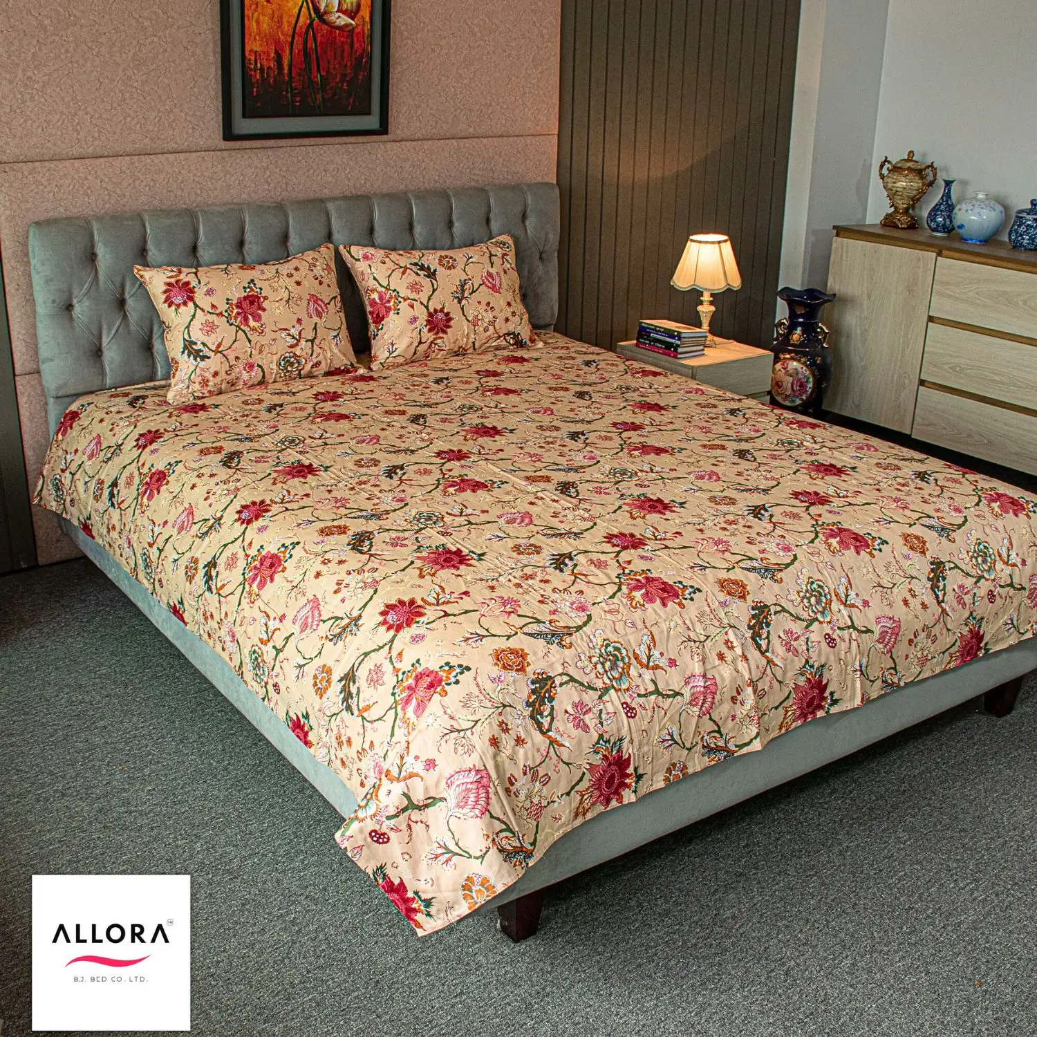 Floral Whisper Printed Bed Sheet – Beige