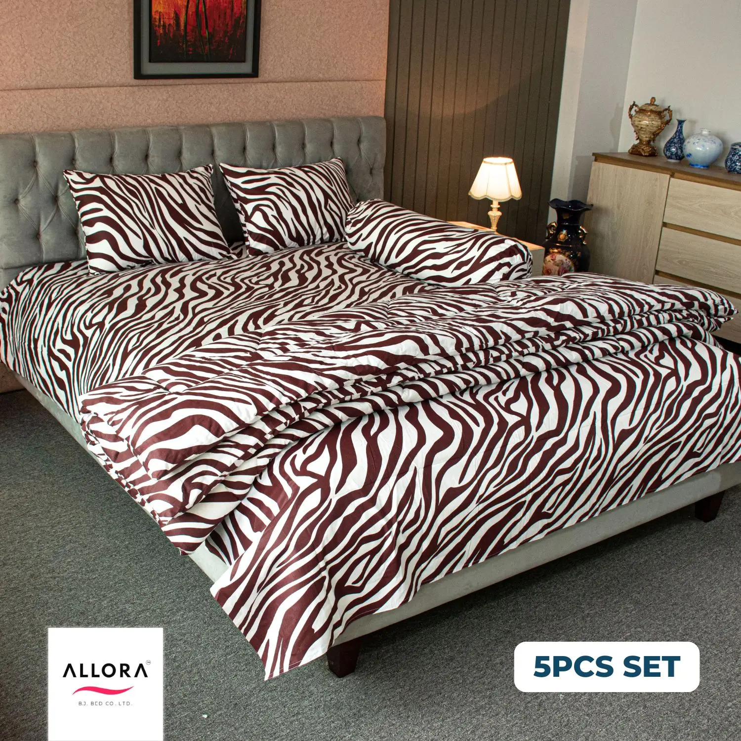 Zebra Print Comforter Bedding Set – Maroon (5Pcs Set)