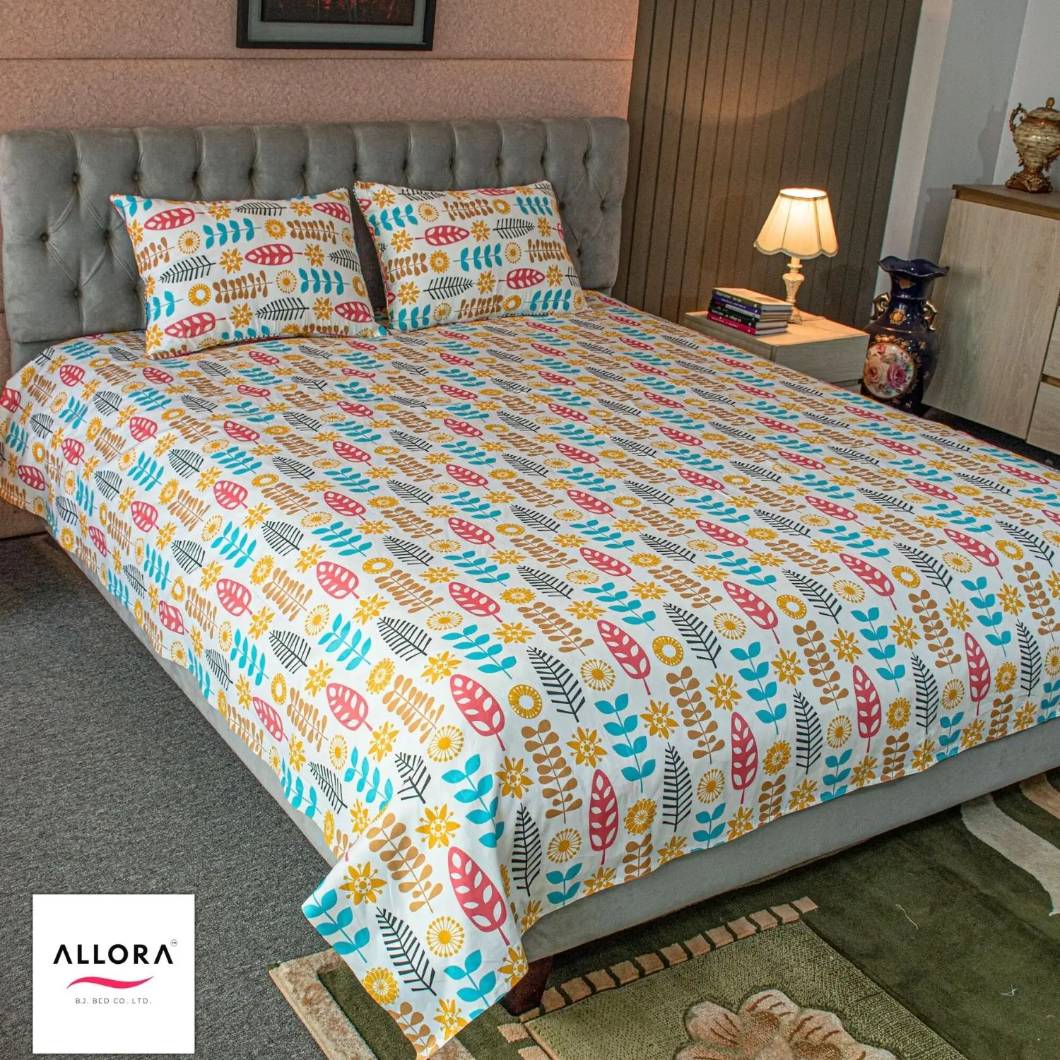 Leaf & Light Printed Bed Sheet – Yellow