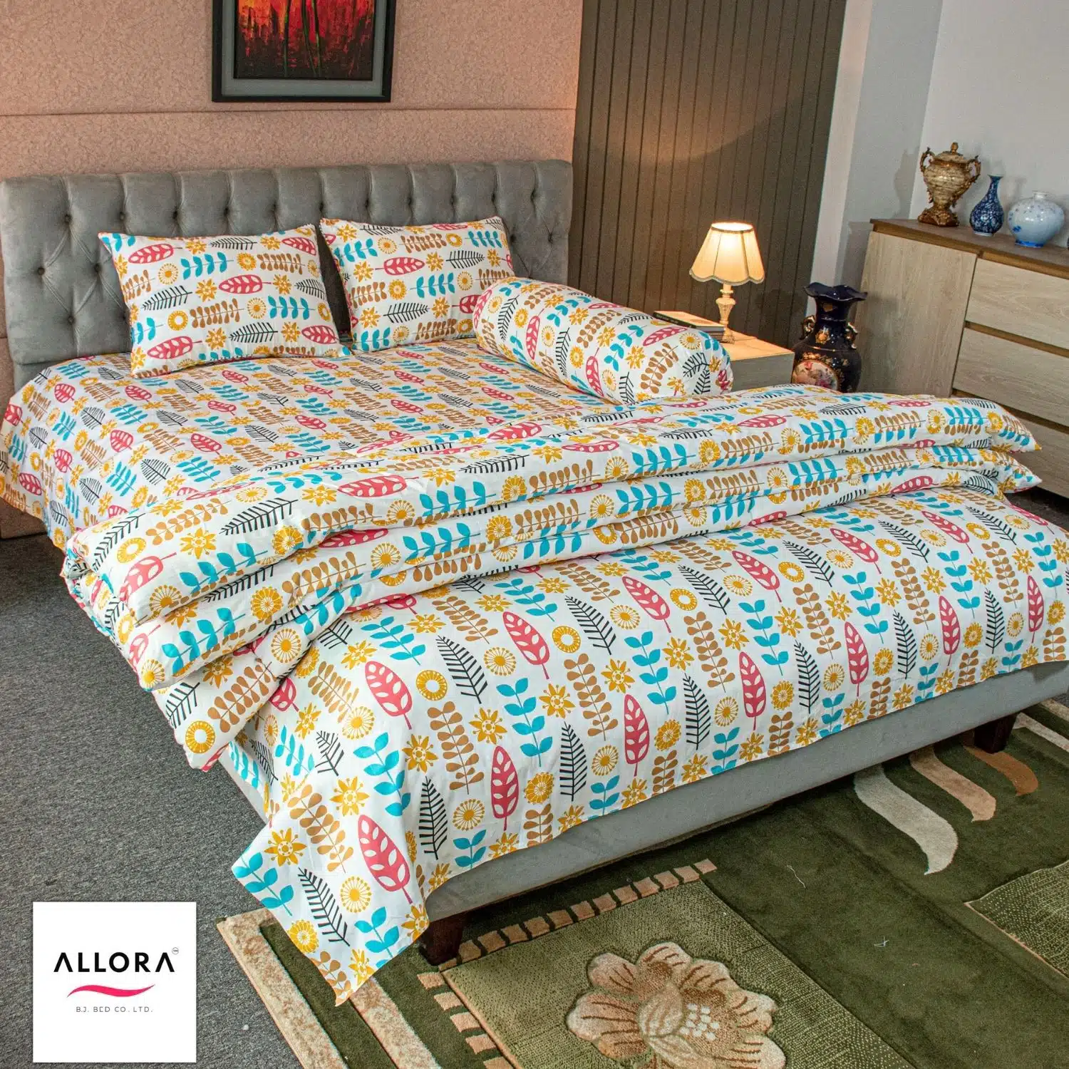 Leaf & Light Comforter Bedding Set – Yellow (5Pcs Set)