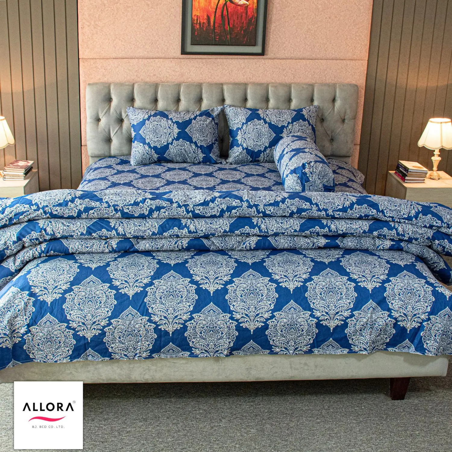 Regal Block Motif Comforter Bedding Set – Blue (5Pcs Set) - Image 3