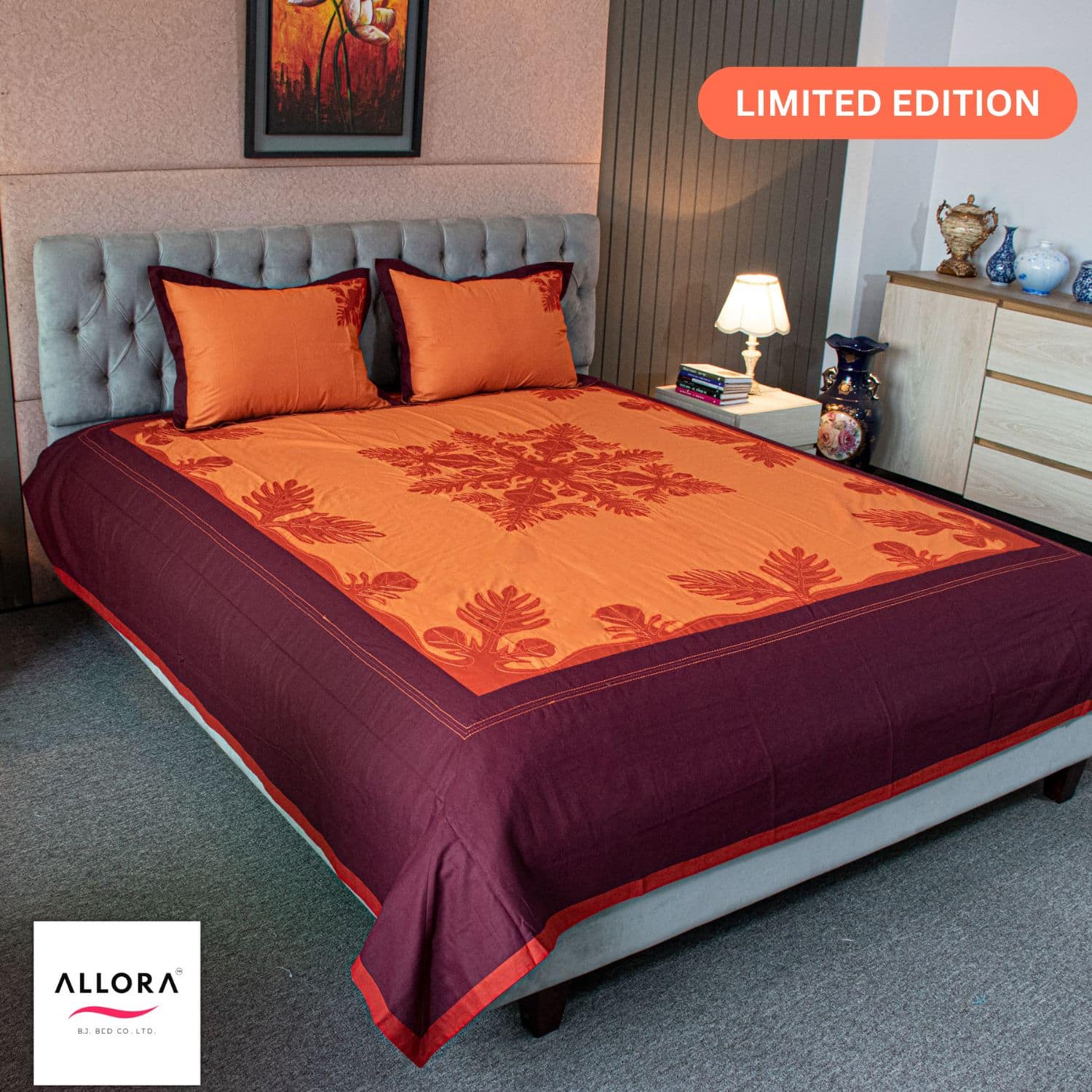 Sunlit Leaves Embroidered Bed Sheet – Orange