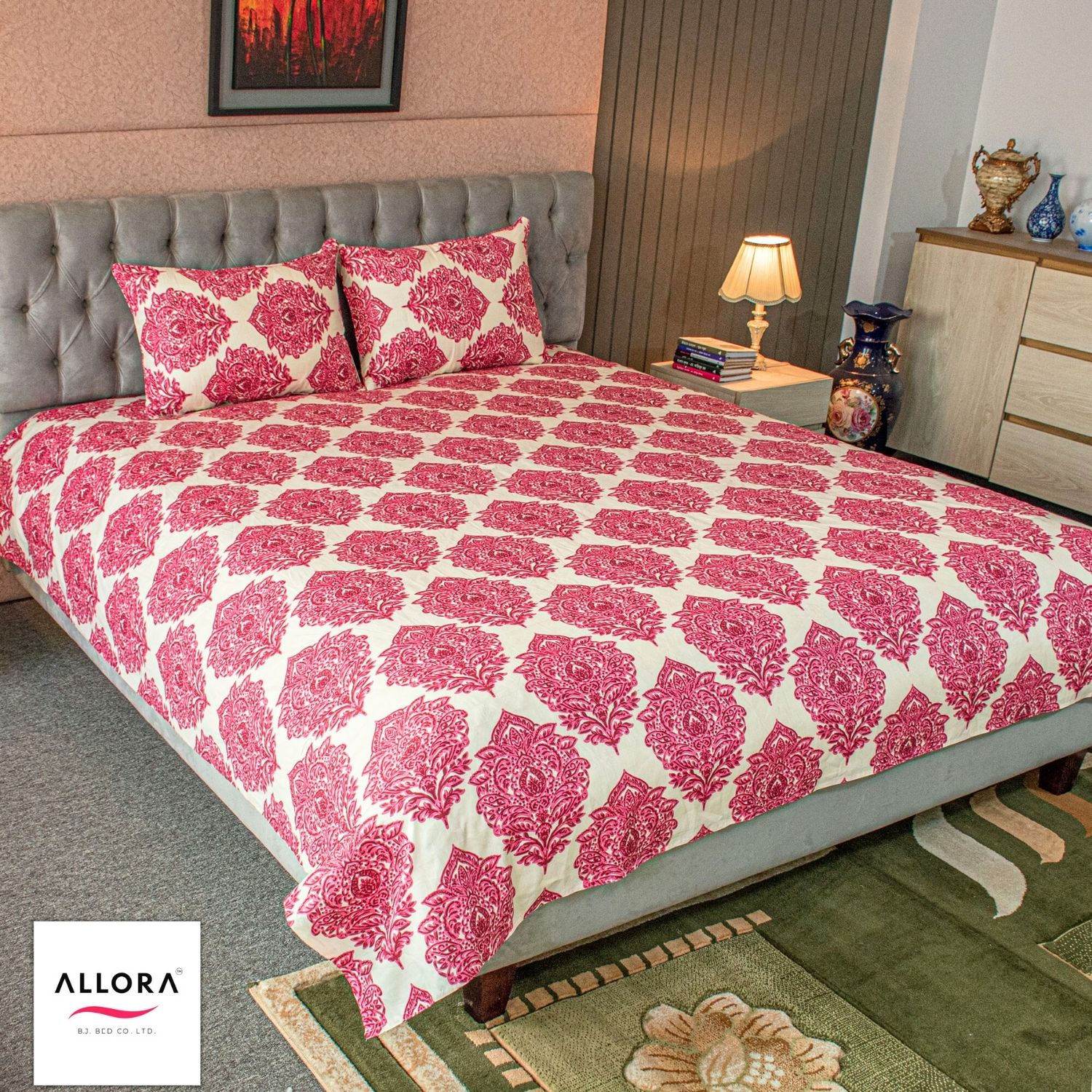 Regal Block Motif Printed Bed Sheet – Magenta